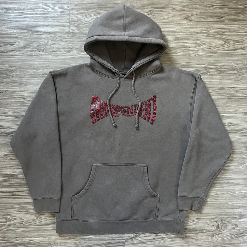 Independent Truck Company Hoodie Mens Gray Red Skull Logo Skate Sweatshirt L